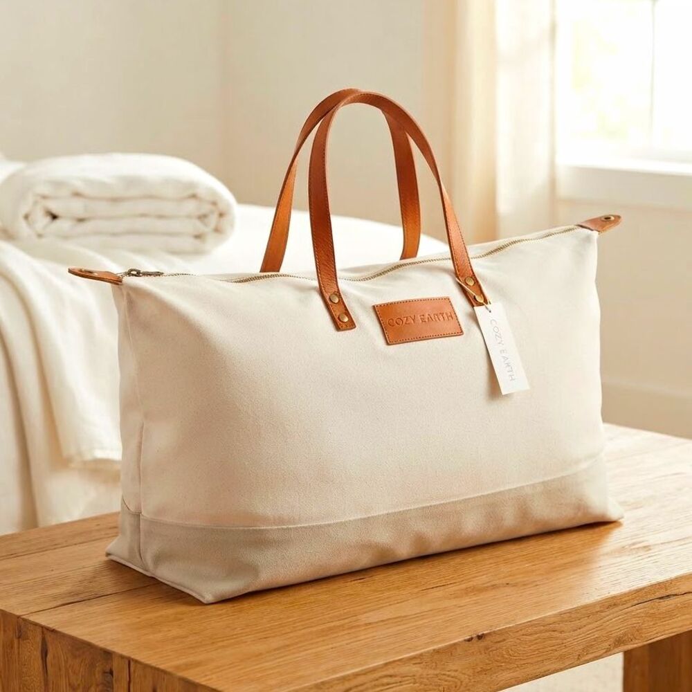 Cozy Earth White Canvas Duffel Duffle Bag Tan Dual Handles Zip Closure 27"